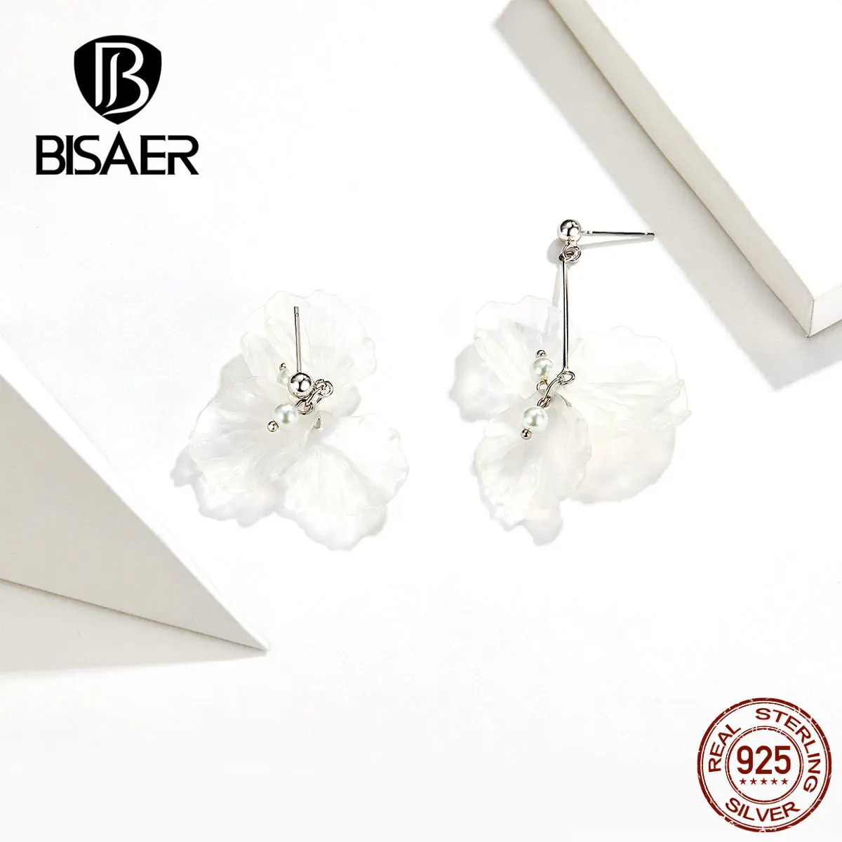 

BISAER Flower Drop Earrings 925 Sterling Silver Blooming Orchid Flower Fashion Earrings Female Sterling Silver Jewelry ECE663