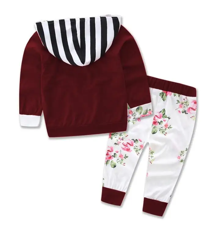 Осенняя детская одежда в цветок, комплект с длинным рукавом с капюшоном футболка+ Штаны 2 шт. Детская одежда, для грудных детей Новорожденные Одежда для девочек