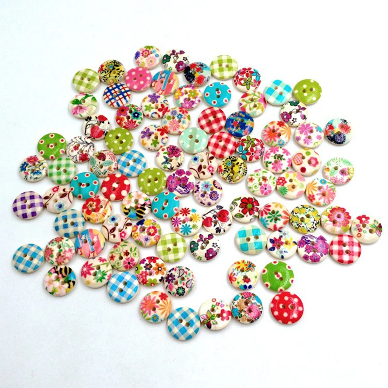Mayitr 100pcs Cartoon Flower & Checked Button Wooden Buttons Sewing Craft DecorationButtons DIY Craft Supplies