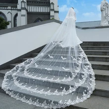 Свадебные аксессуары белые белоснежные свадебные вуали 4 м длинные 2 м широкие кружева сплошной цветок вуаль невесты для венчания Veu De Noiva реальные фотографии