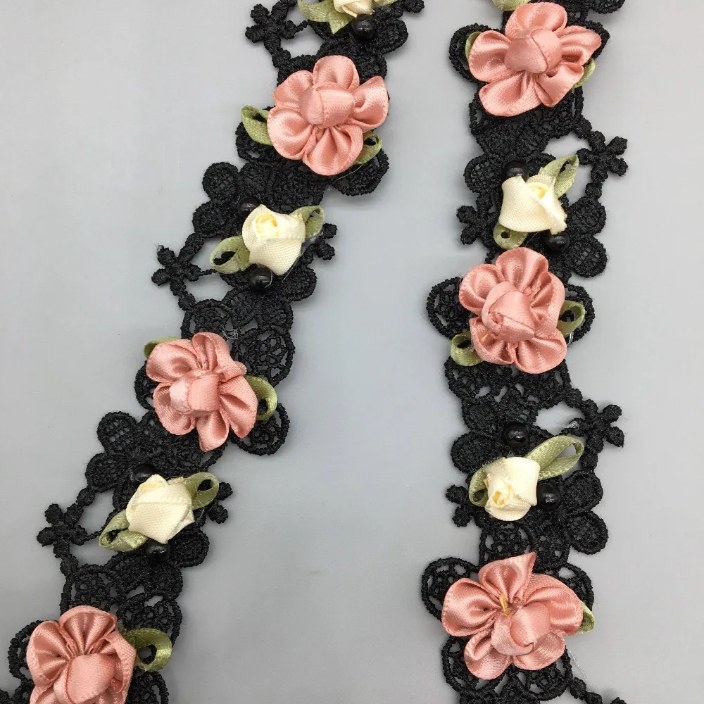 Elegant Rose Pearl Beaded Lace Trim Ribbon