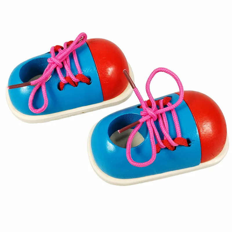 Kids Montessori Educational Wooden Toys Tie Shoes Lace up Shoes Toys Toddler Lacing Early Educational Learning 2Pcs