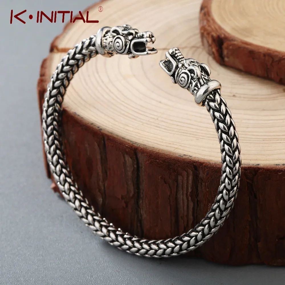 Kinitial Men Nordic Viking Dragon Bangle Antique Jewelry Silver Color Bronze Open Cuff Bracelet Scandinavian Costume Accessories bangle bracelet