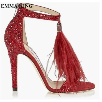 

EMMA KING Hot Sale Summer Sandalias Crystal Feather Studded High Heels Sandals Peep Toe Women Wedding Bridals Dress Shoes Women