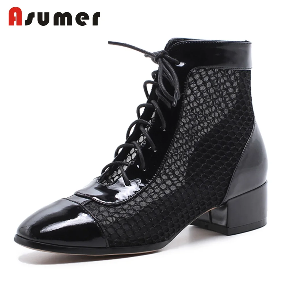 

ASUMER 2018 HOT fashion mesh+genuine leather ankle boots women square med heels square toe summer boots casual party shoes