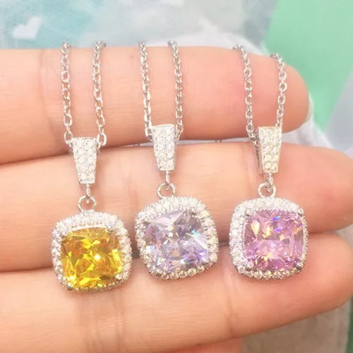 Несколько Цвета 3Ct Подушка Cut кулон вписать на память 925 пробы серебро Цепочки и ожерелья цепи День Святого Валентина подарок