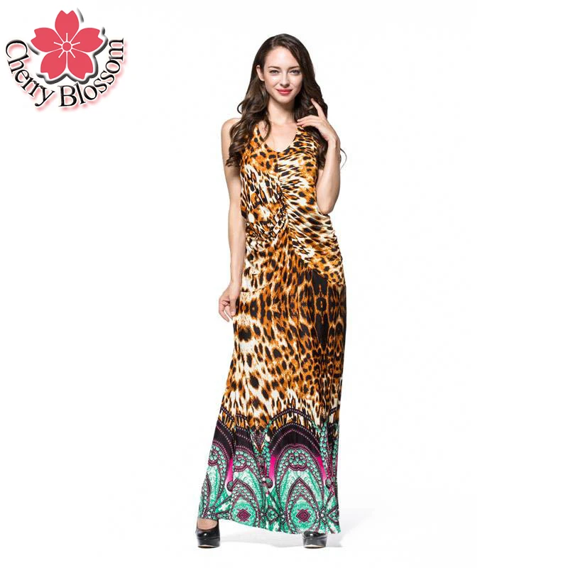 Buy Cheap L-7XL Women Plus Size Dress Summer Fashion Bohemian Beach Leopard Print Dress Sleeveless Halter V Neck Floor Length Maxi Dresses