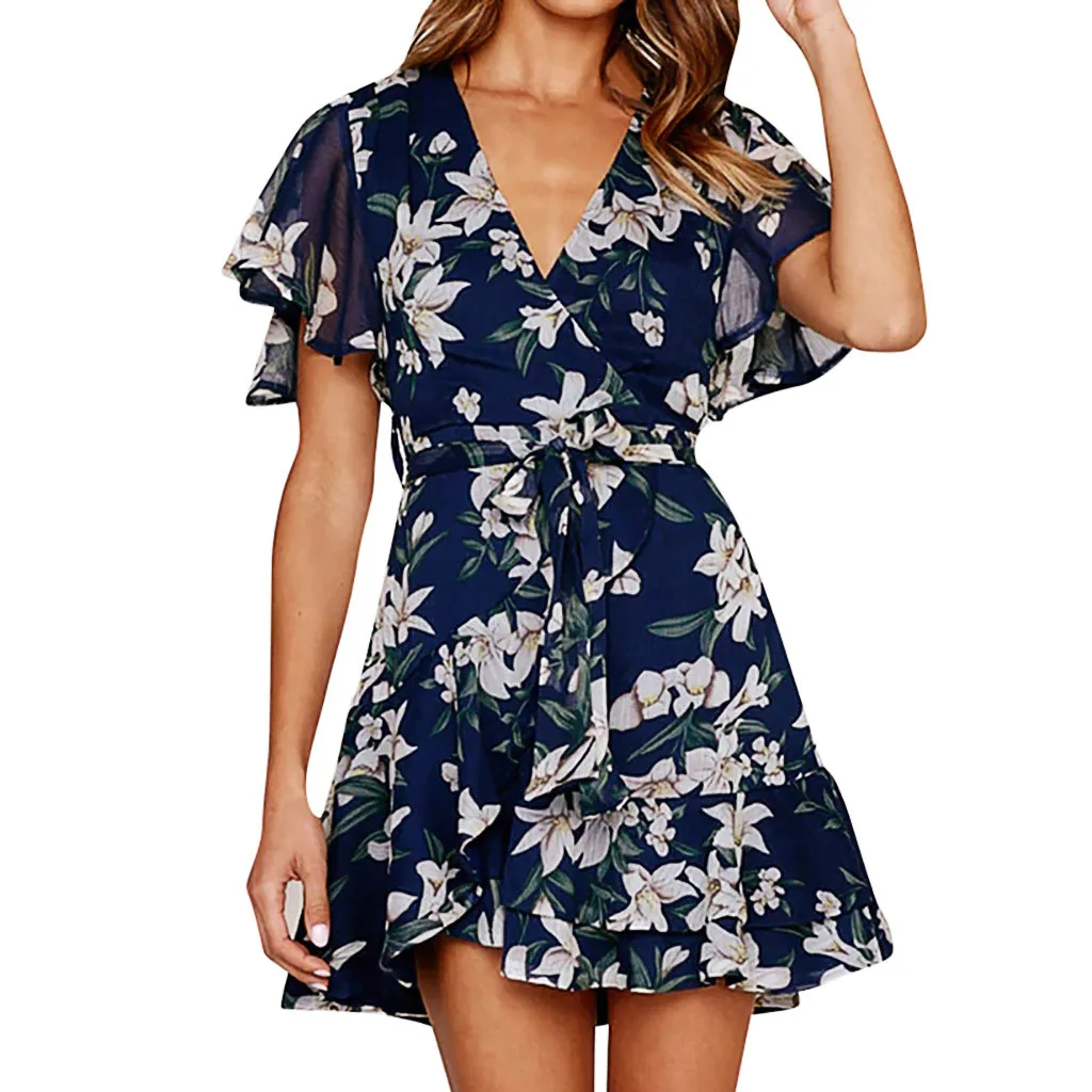 Bohemian Summer Dress 2019 Floral Print Short Sleeve V Neck Mini Dress ...