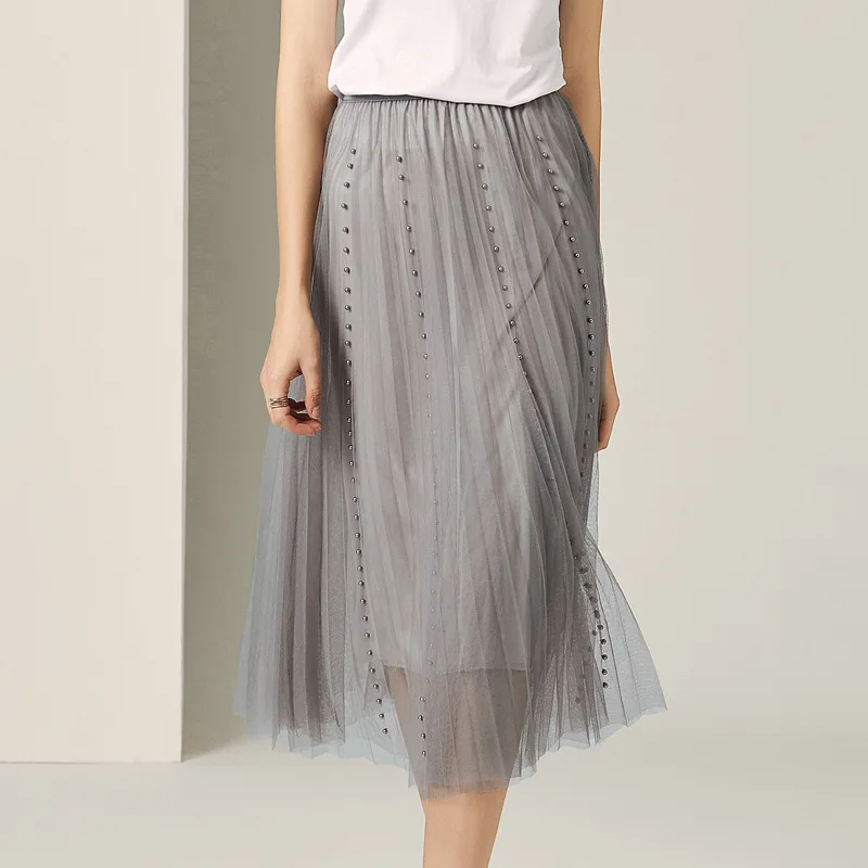 Pleated Skirt Women Summer 2019 New Fashion Solid Color Beading Mesh Elastic Waist French Style All Matched Gray Skirt Midi S-XL Pleated Skirt Women Summer 2019 New Fashion Solid Color Beading Mesh Elastic Waist French Style All Matched Gray Skirt Midi S-XL