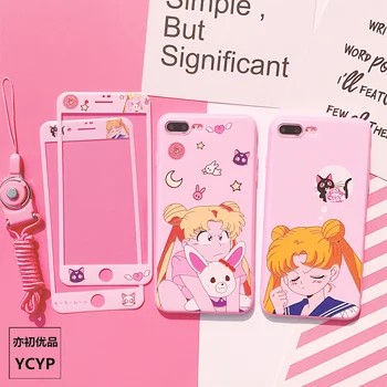 

For iPhone XS max / XR Sailor moon case & front tempered glass screen sticker For iPhone X 8 7 Plus 6 6splus cartoon funda strap