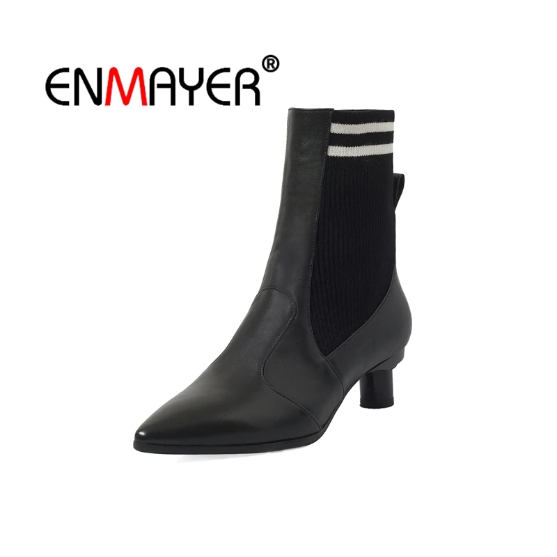 

ENMAYER Women Ankle boots Pointed toe Med heels Short boots Autumn Winter footwear shoes woman Size 34-39 Thick heels CR1439