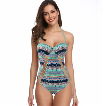 

2019 New Arrival Cut Out One Piece Swimwear Women Push Up Swimsuit Female Retro Print Halter Monokini Sexy Bathing Suit