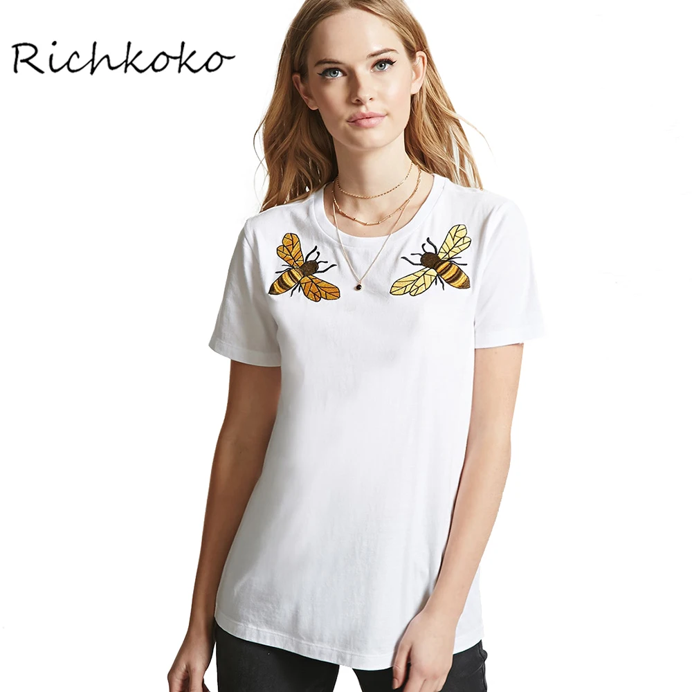 Richkoko 2017 Вышивка Футболки женская одежда короткий рукав шикарный животных печати
