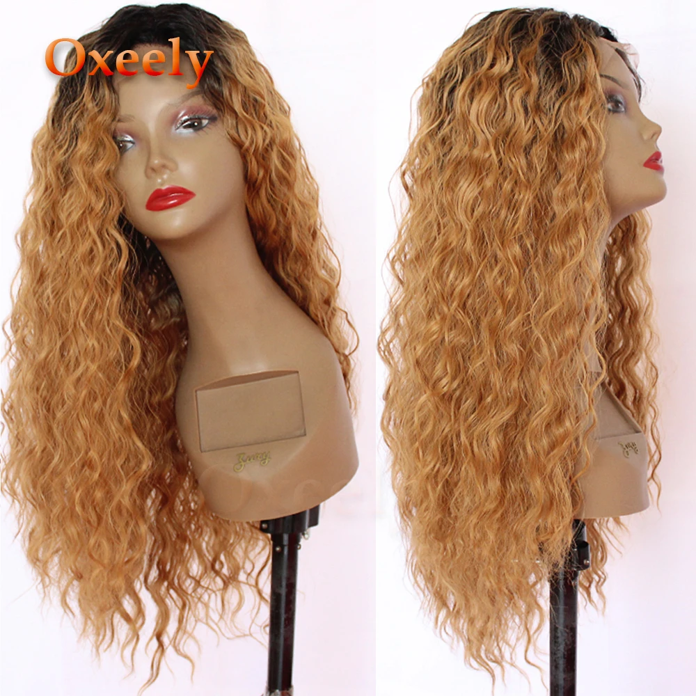 Oxeely синтетический парик фронта шнурка кудрявые волосы блонд 180 плотность Омбре коричневый длинный Свободный парик с кудрями термостойкой, без клея для женщин