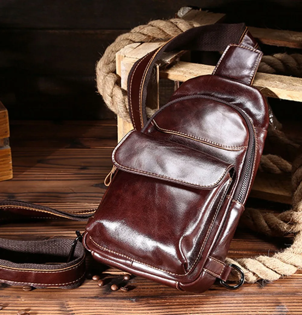 

Men Vintage Oil Wax Genuine Leather Cowhide Sling Chest Back Day Pack Travel Messenger Shoulder Bag DropShipping