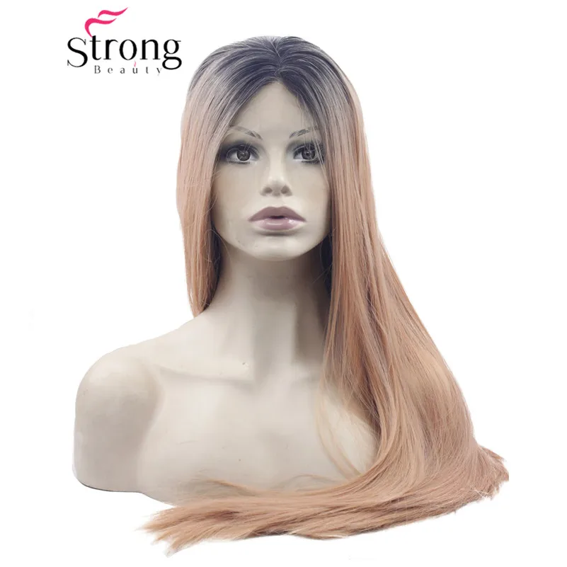 StrongBeauty синтетические парики спереди бордовые 2 тона темные корни длинный прямой кружевной парик без клея для женщин выбор цвета