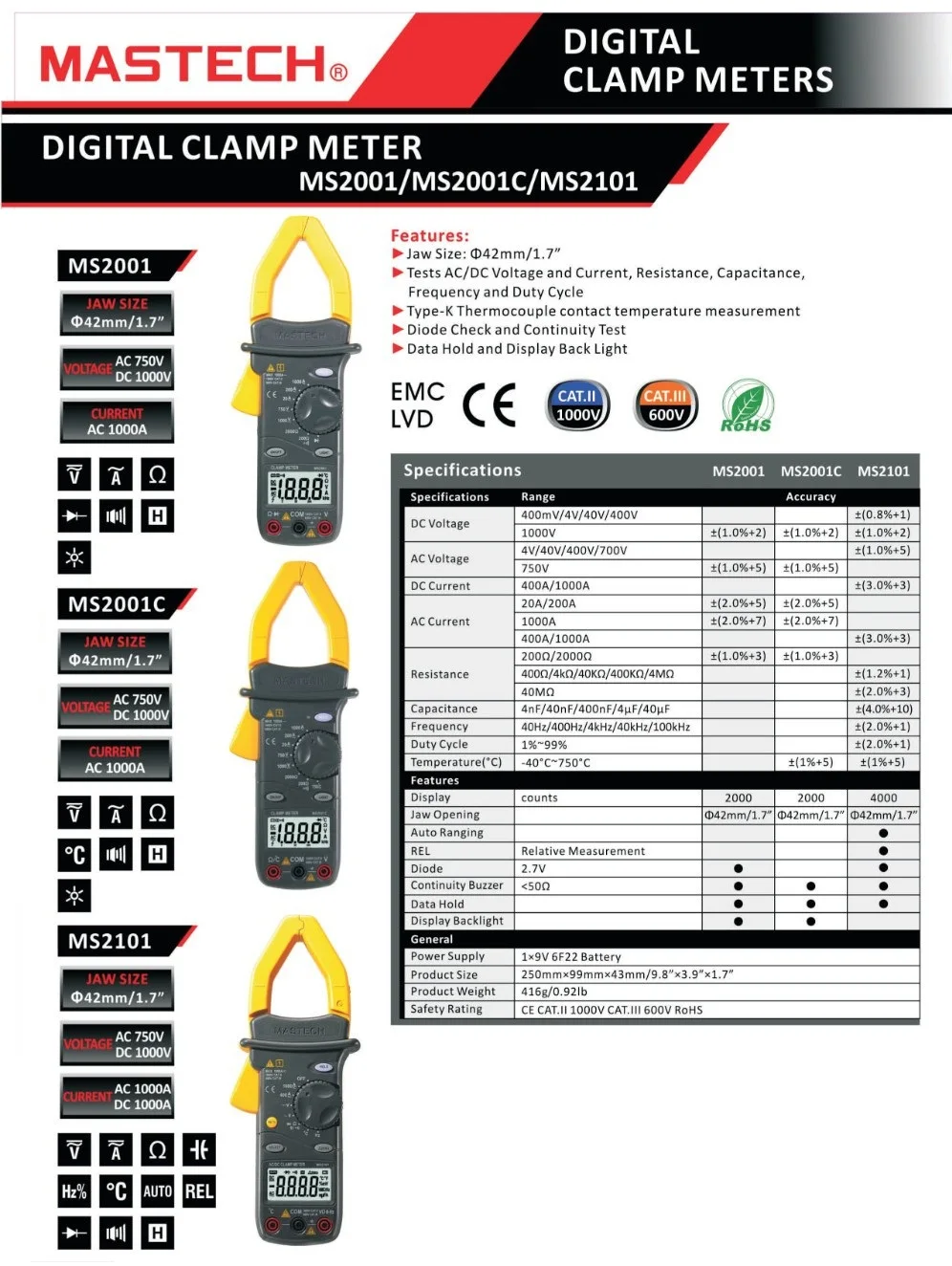 MASTECH MS2101 1000A цифровой AC DC ток Клещи для измерения напряжения 4000 отсчетов мультиметр Емкость температура частота Гц Тестер