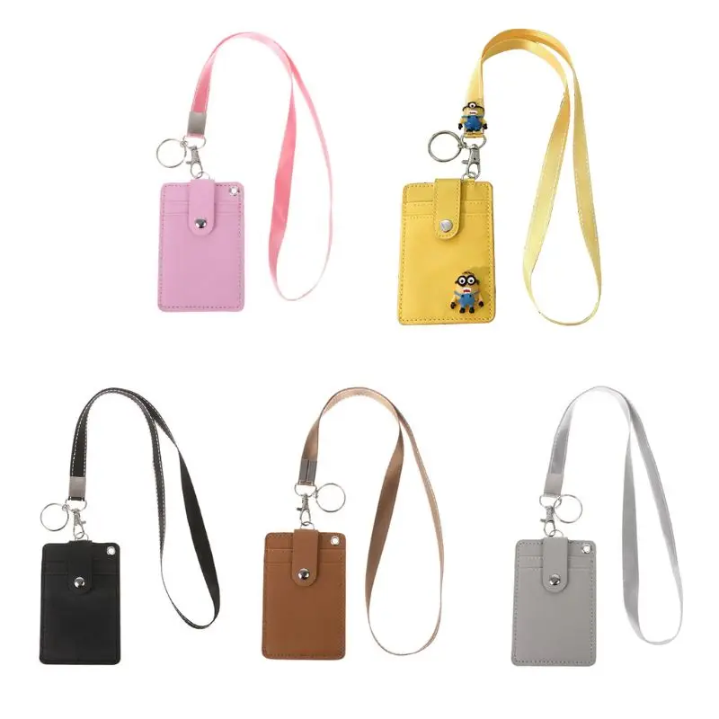 

NoEnName_Null High Quality PU Leather Office Work School ID Card Badge Holder with Keyring Rope Layards Neck Strap