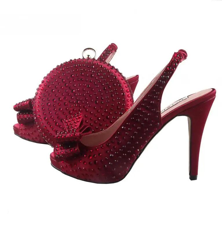 BS927 на заказ Шампанское Королевский голубой кристалл лук африканская женская обувь с сумочкой в комплекте женские свадебные туфли - Цвет: winered