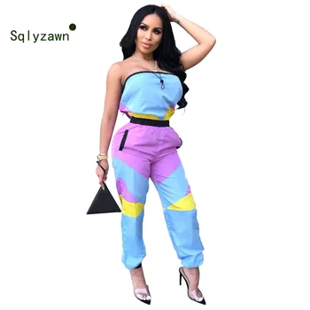 

Summer Women Off Shoulder Jumpsuits Fashion 2019 Brand Lady Lace Up Contrast color Loose Elastic Rompers Ladies Bodysuits Casual