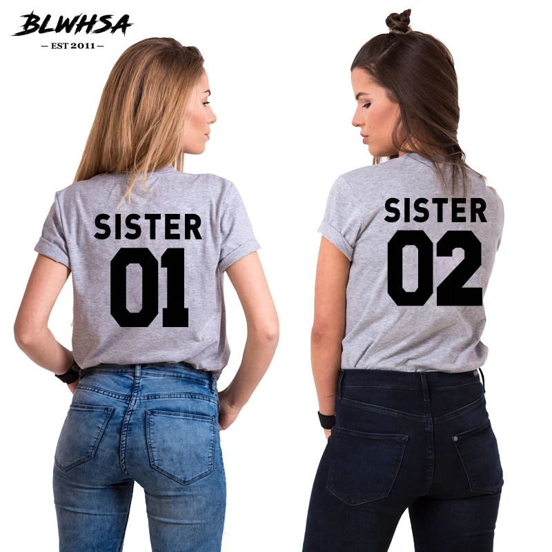 

BLWHSA Sister Print T Shirt Women Sister 01 Sister 02 Slogan T-shirt 100% Cotton Fashion Summer Women's Best Friend Gift Top Tee