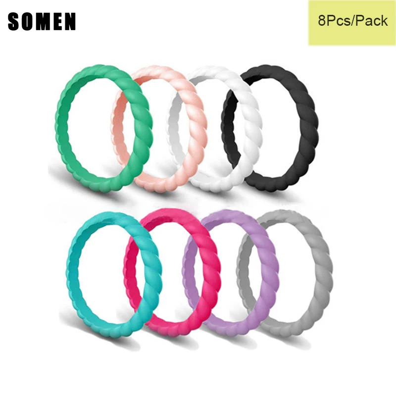 

8Pcs Women Silicone Ring Casual Rings Comfortable Thin-Silicone Sport Style Stackable Rings Lovers Wedding Bands Fashion Jewelry