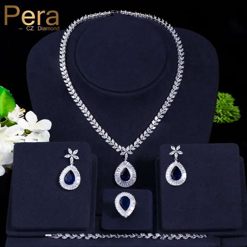 Pera Luxury Bridal Wedding 4 Pcs Blue Jewelry Set Big Water Drop Cubic Zircon Necklace Earrings Bracelet And Ring For Women J223