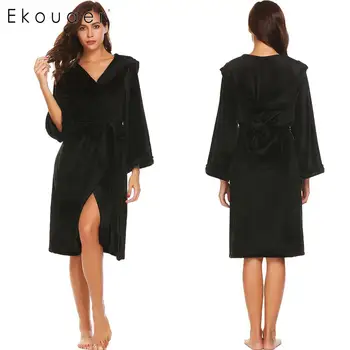 

Ekouaer Women Bathrobe Long Sleeve Hooded Midi Fleece Robes Thick Warm Robe Winter Animal Flannel Bath Robe Sleepwear