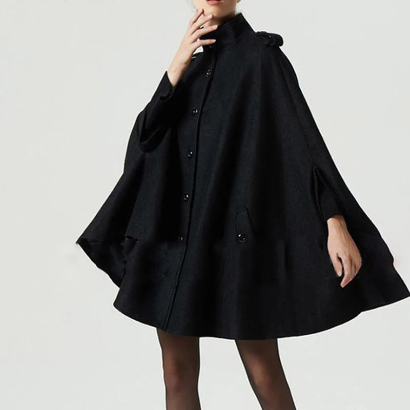 Bohoartist женские черные шерстяные накидки, пальто на пуговицах, Свободные повседневные пончо, модное осенне-зимнее пальто, женское популярное пальто-накидка - Цвет: Черный
