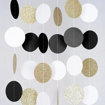 

(Black White Gold) Glitter Circle Garland Hanging Decor Dots Paper Garland for Bridal Shower Birthday Nursery Wedding Party