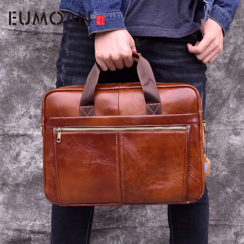 EUMOAN Cowhide Leather Briefcase Mens Genuine Leather Handbags Men's High Quality Business Messenger Bags laptop