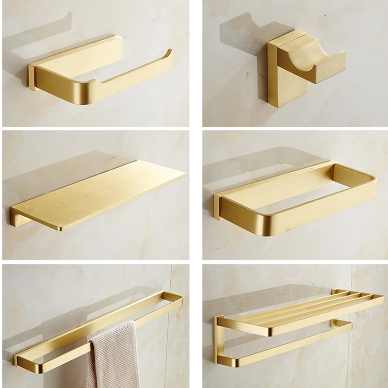 

MTTUZK Solid Brass Brushed Gold Bathroom Hardware Set Paper Holder Towel Rack Robe Hook Towel Bar Golden Bathroom Accessories