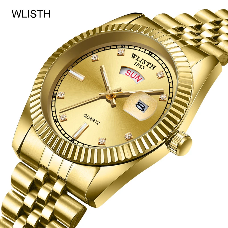 Top Luxury Brand Gold Watch Men Stainless Steel Date Week Display Men's WristWatch Golden Male Clock Classic Relogio masculino | Наручные