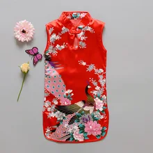 Fashion Chinese Style Flower Birds Cotton Children’s Cloth Kids Qipao Dress Sleeveless Summer Girl’s Dress
