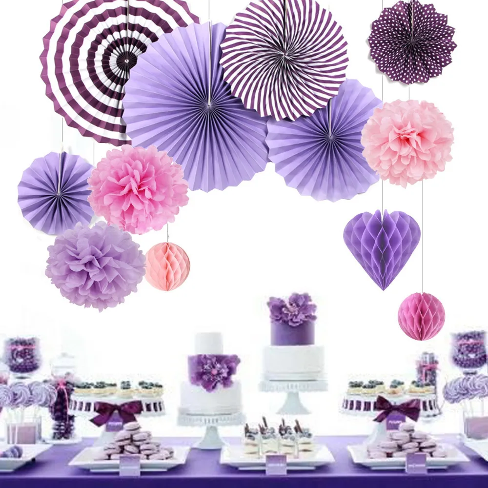 6 PURPLE Paper Fans Wall Backdrop Wedding Party Decorations Home Events Supplies 