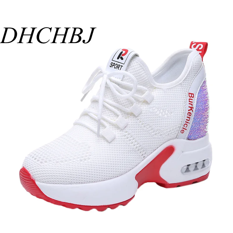 

2019 Summer Women Sneakers Mesh Casual Platform Trainers White Shoes 8CM Heels Wedges Breathable Woman Height Increasing Shoes