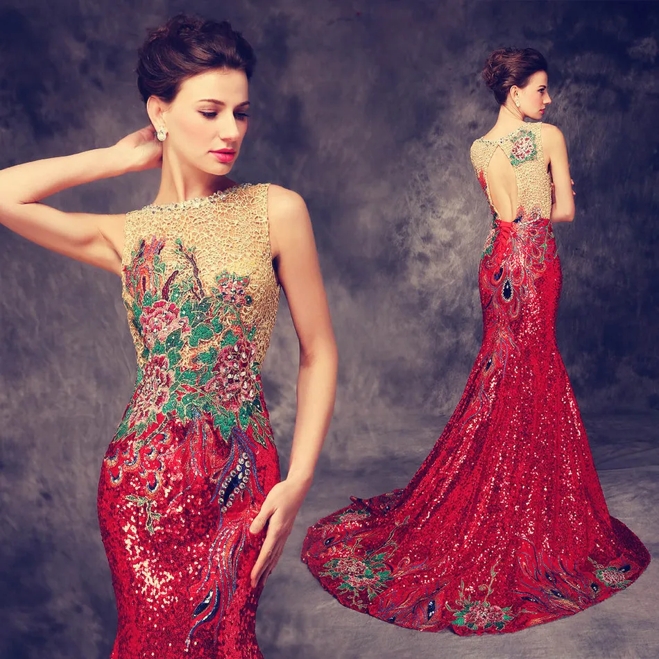 

2016 Luxury Trailing Long Cheongsams Sequins/Embroidery Backless Qipao Robe Orientale Chinese Tradition Wedding Dress