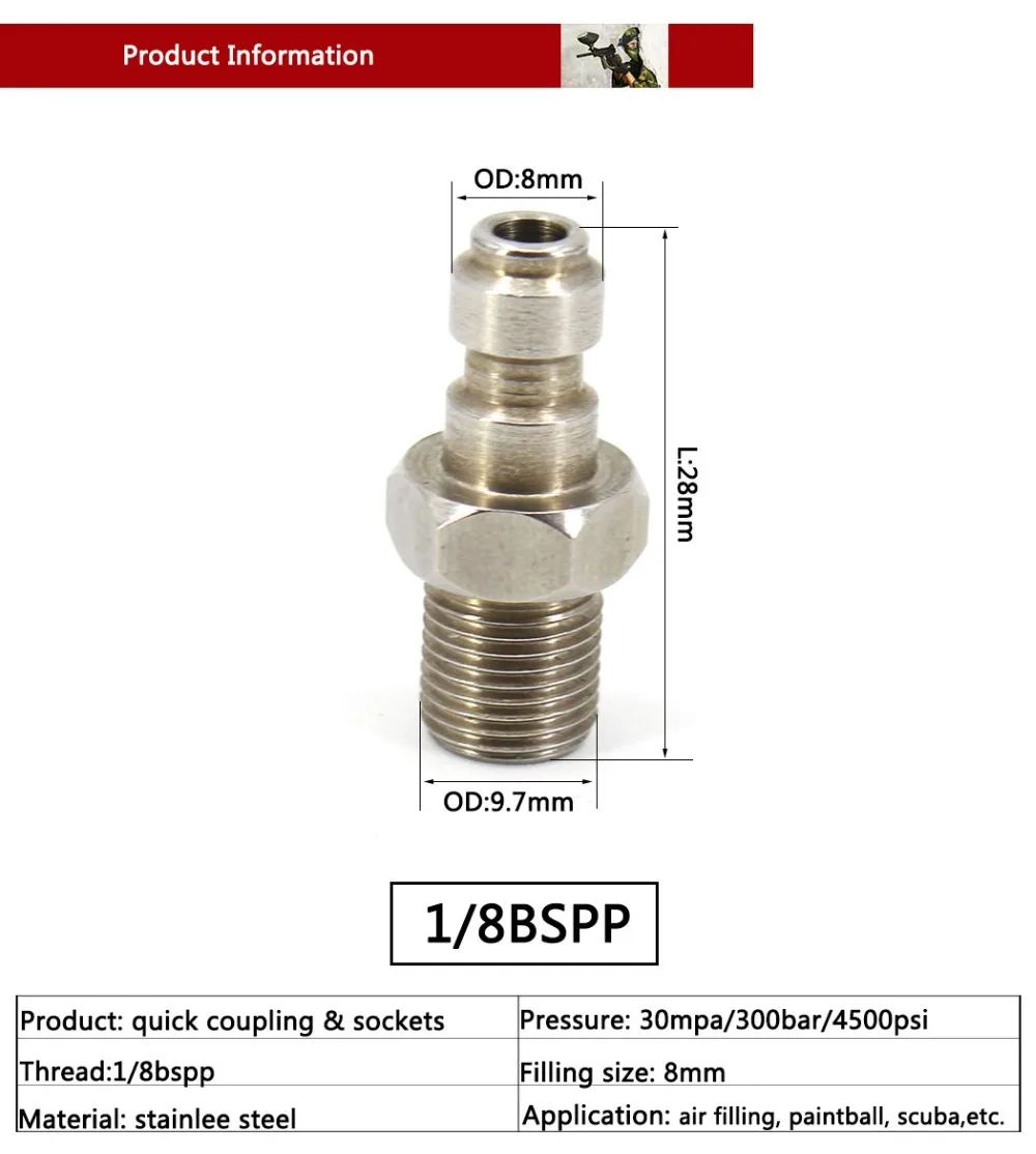 PCP Airforce Пейнтбол пневматический быстроразъемный Соединитель 8 мм 1/8 BSPP 1/8NPT M10x1 соединительные части труб из нержавеющей стали 3 шт./лот штекер