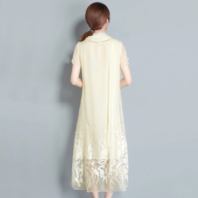 Vintage Organza Size Women Silk Embroidery Natural 2018 Dresses Clothes Floral Robe Summer Style Dress Apricot Chinese Party Plus Long OwgwZxR