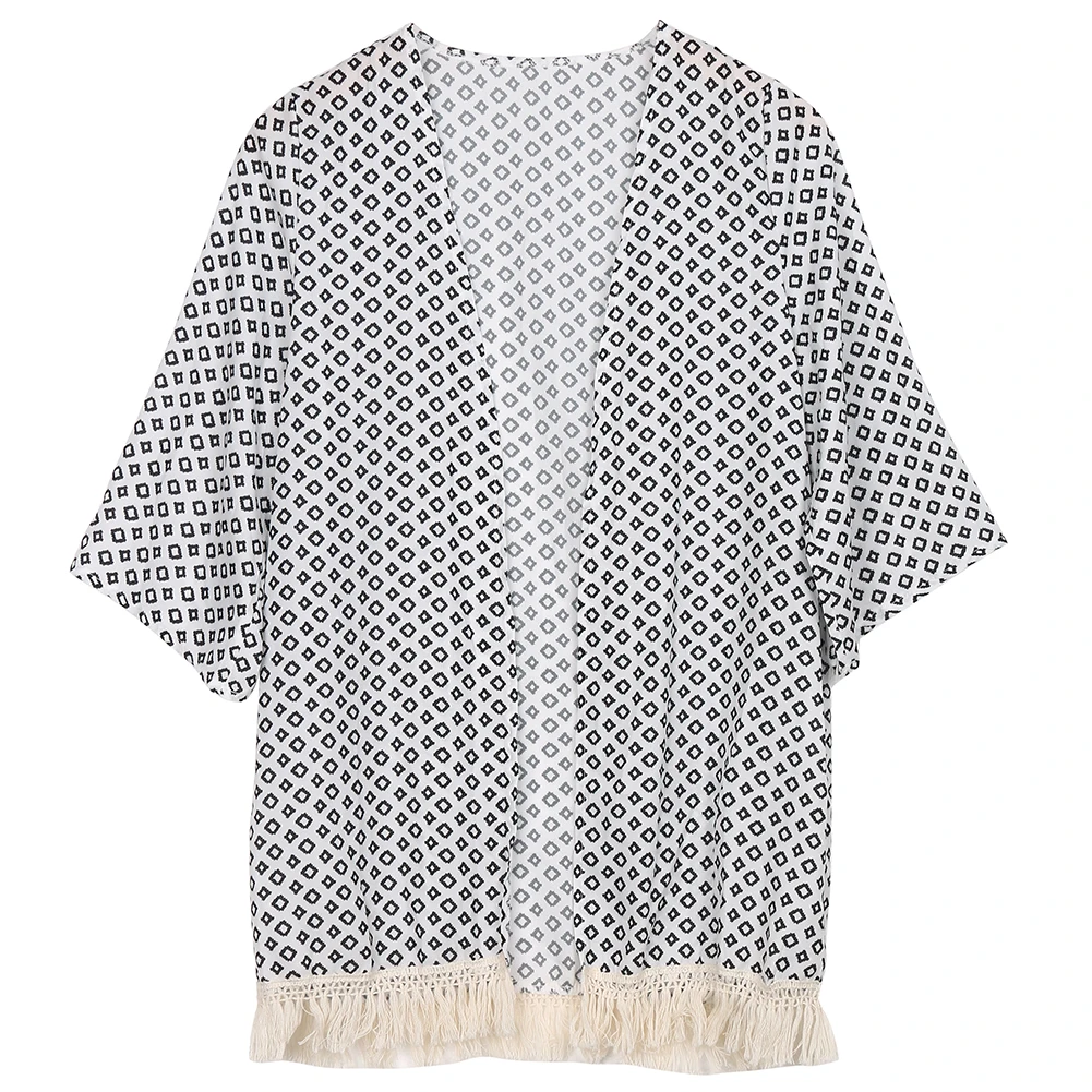 

HOT Fashion Casual Women Tops Blouse Chiffon Shawl Cardigan Kimono Women Plaid Printed Tassel Cardigan Long Sleeve Clothes