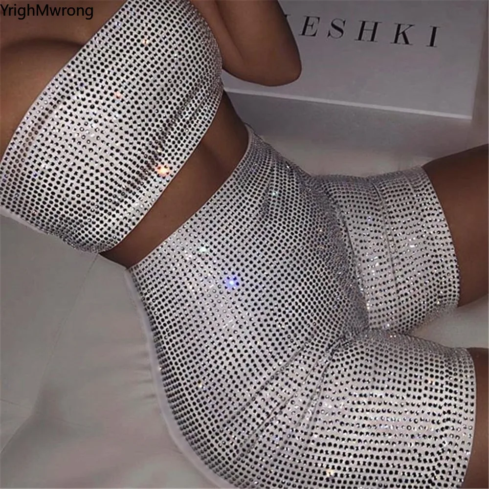 

Tracksuit Beading Rhinestone Diamonds Drilling Off Shoulder Tube Crop Top Sexy Skinny Two Piece Short Pant Party Workout Fitness