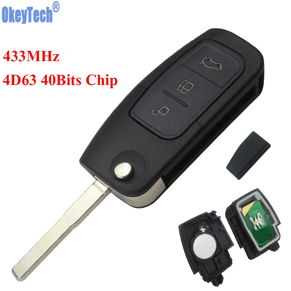 OkeyTech 433MHz 4D63 Chip 3 Buttons Flip Folding Remote Control Key for Ford Mondeo Focus Fiesta C Max S Max Galaxy HU101 Blade