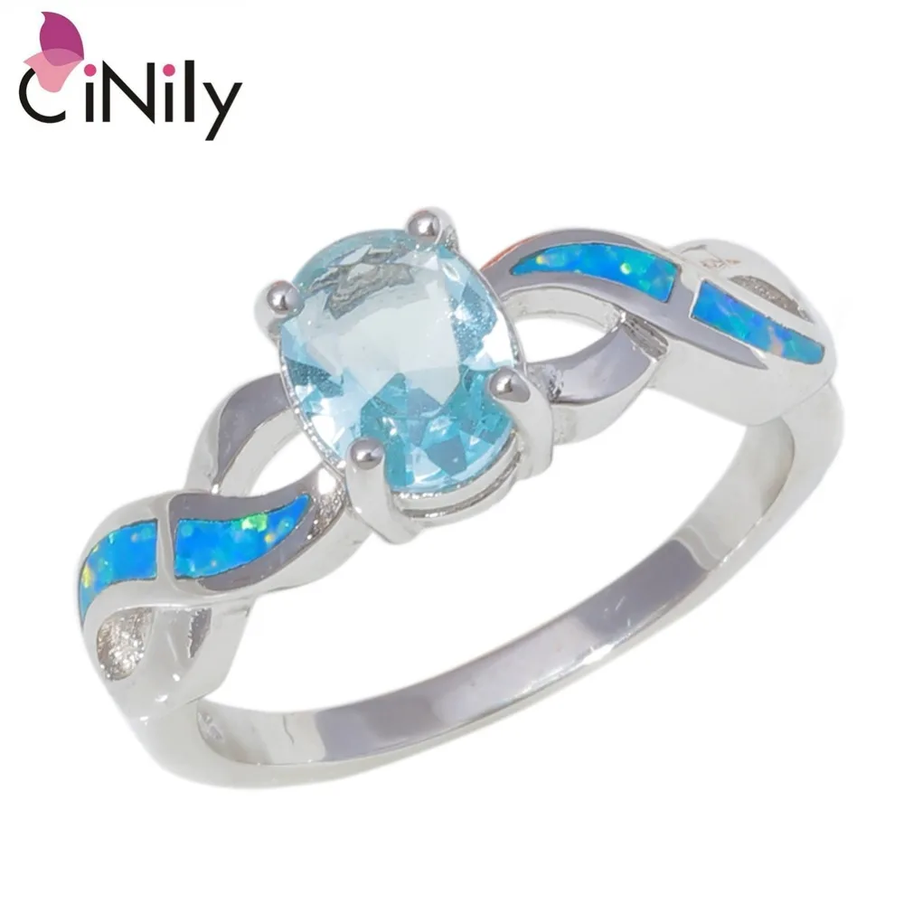 CiNily Created Blue Fire Opal Blue Zirconia Silver Plated Wholesale NEW for Women Jewelry Engagement Ring Size 8-9 OJ9433