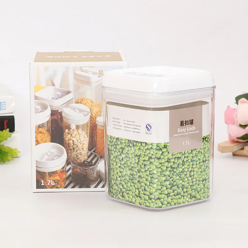 Пластиковый контейнер, контейнеры для хранения пищевых продуктов, легко фиксируются, герметичные, зерновые орехи, зерновая лапша, прозрачный контейнер, кухонный ящик для хранения - Цвет: 1.7L Square