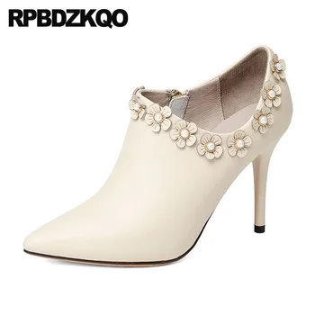 

Booties Sexy Beige Sheepskin White Wedding Boots Stiletto Pointed Toe Flower Women Shoes Bridal High Heel Fashion Ankle Brand