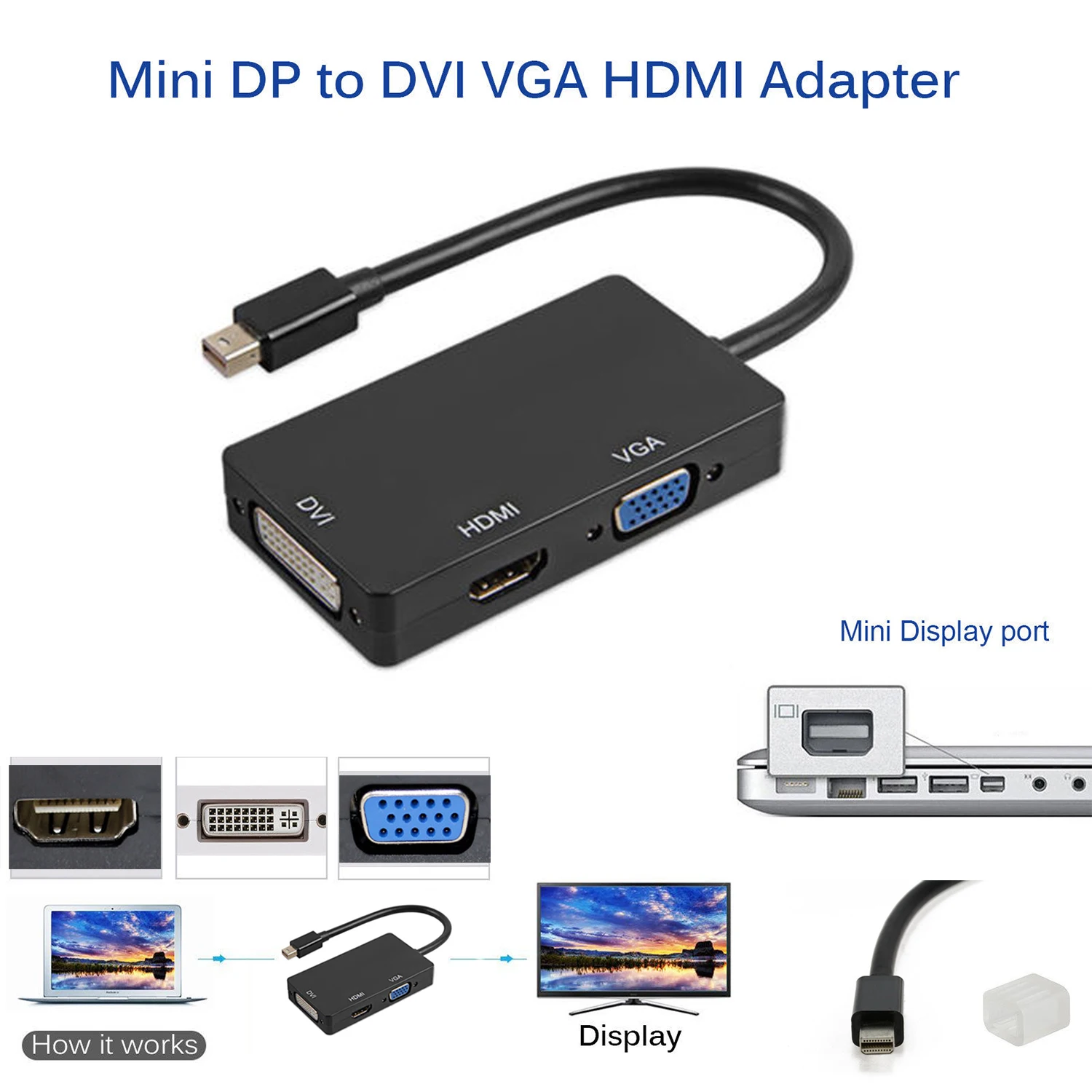 Mini Display Port Thunderbolt to HDMI VGA DVI адаптер для MacBook Pro Mac Air |