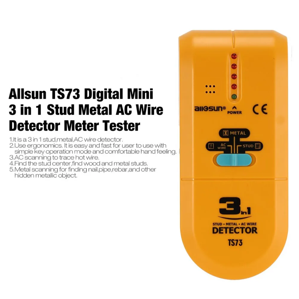 

Allsun TS73 Digital Mini 3 in 1 Stud Metal AC Wire Detector Meter Tester Handheld Treasure Screw Hunter Finder Hot Wire Scan