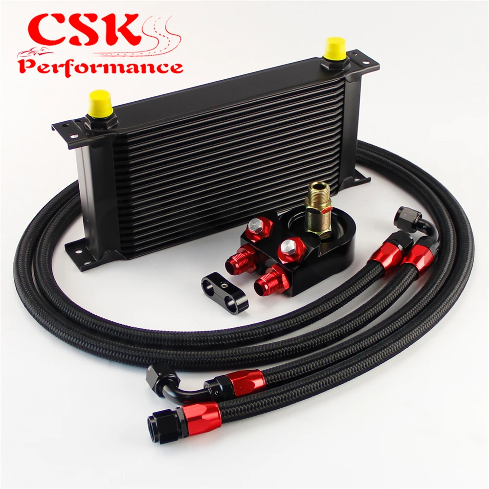 ^*Best Offers Universal 19 Row 248mm AN8 Engine Transmission Oil Cooler British Type + Aluminum Filter Adapter Kit Black/Blue