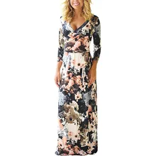 2019 New Women Sexy Long Summer Dress V-neck Vintage Print Maxi Dress Woman Beach Dress Vestidos Party Dresses Lady Black Flower black leaf print v neck maxi dress