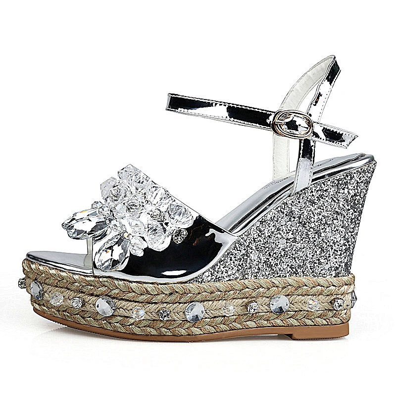 

2017 Silver Women Wedges Crystal Pumps 10 cm High heels Straw Soles Genuine leather Shoes Sexy Platform Sandals Box Packing 1925